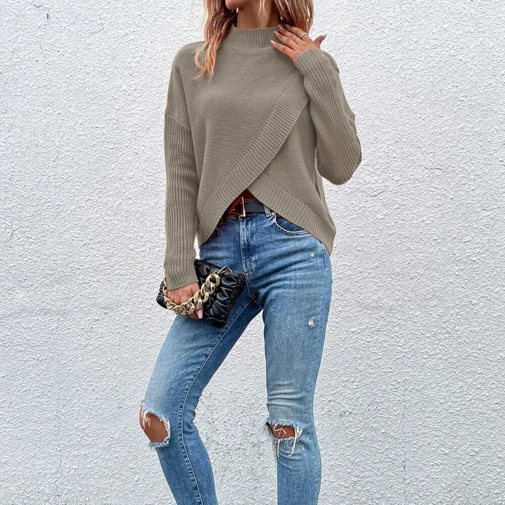 Khaki Casual Women's Stand Collar Pullover Sweater with Dropped Shoulder
